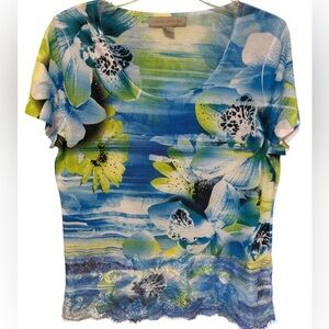 Laura Ashley Blue & Green Floral Scoop Neck Tee Size Medium